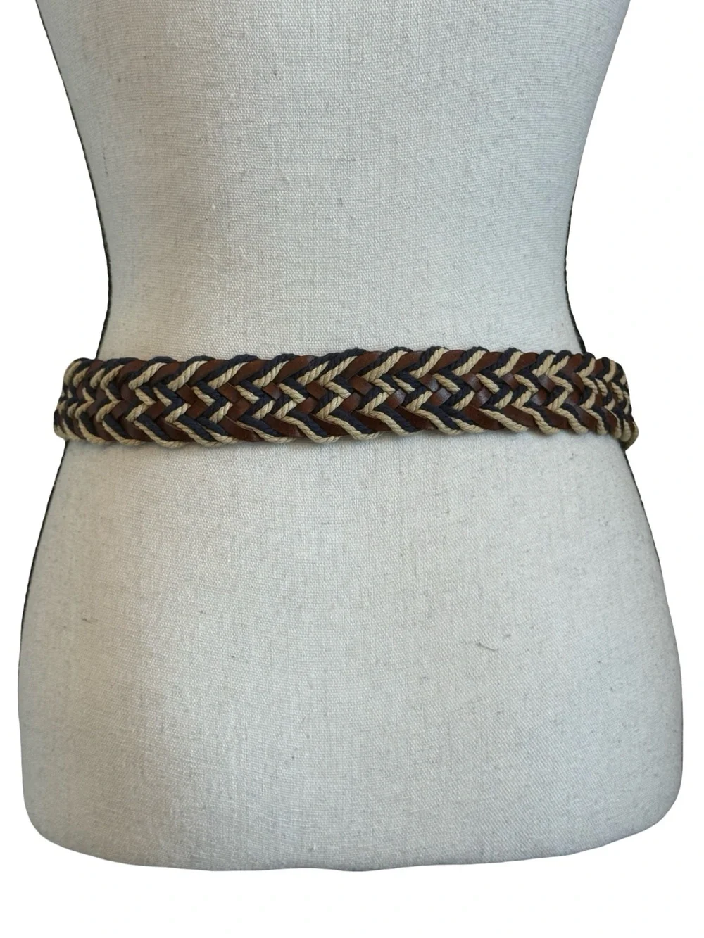Lucky Brand Braided Leather Rope D Ring Belt Size 36 Brown Navy Cream Woven